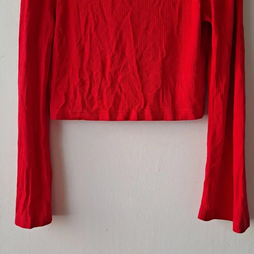 NWT OGL Soft Bell Sleeve Cropped Cardigan Wool Blend Ribbed Red Women's Size M